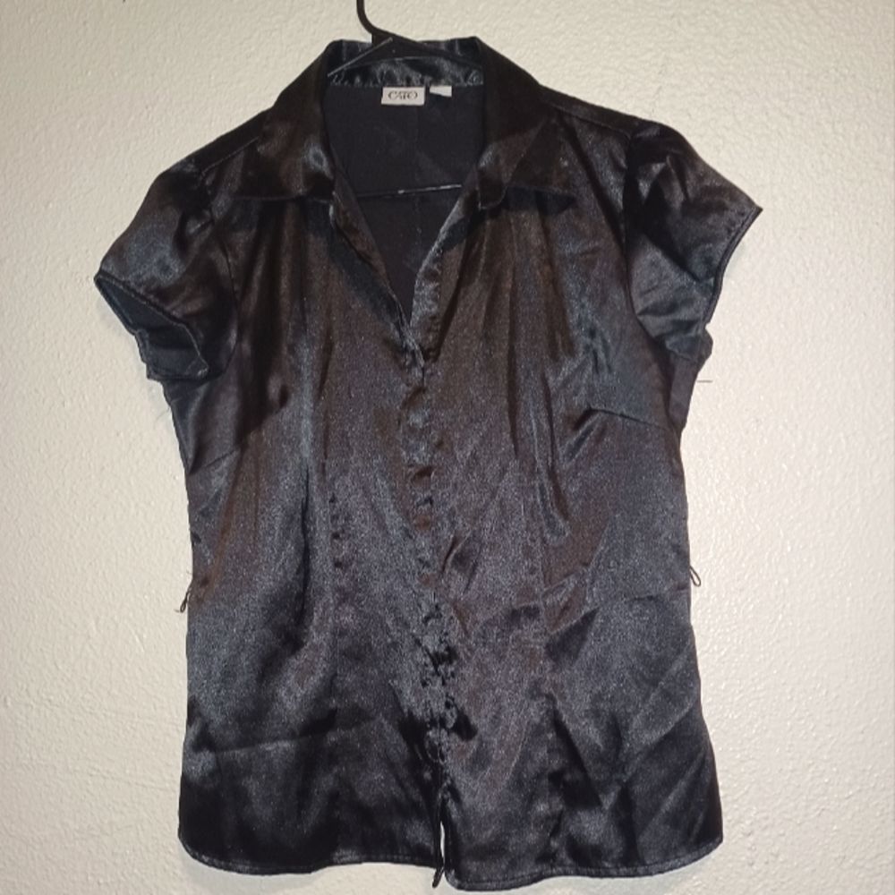 Black Silky Button Down Blouse, Women’s V-Neck Short Sleeve Top